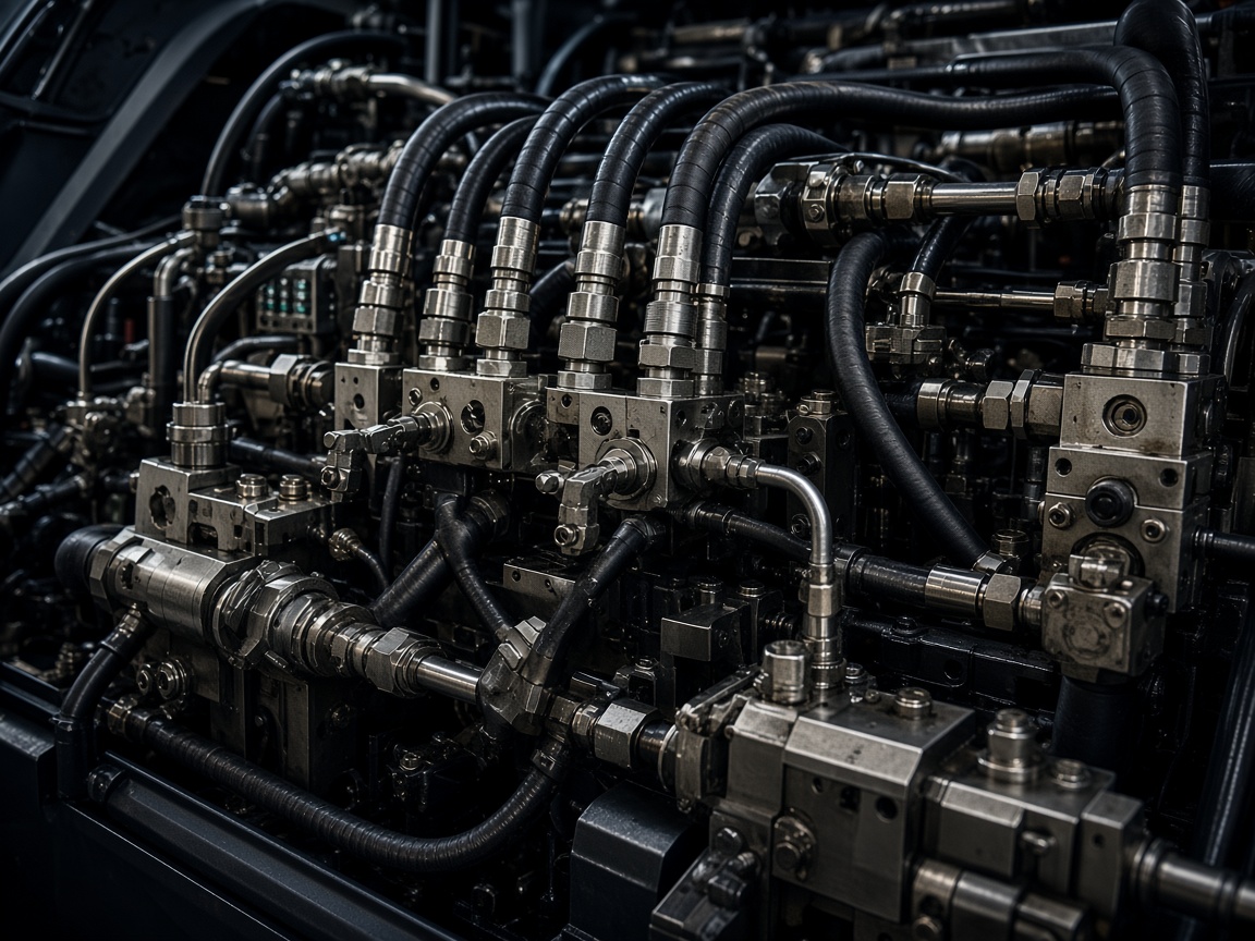 Close-up of hydraulic manifolds and wiring harnesses illustrating fragmented machine subsystems